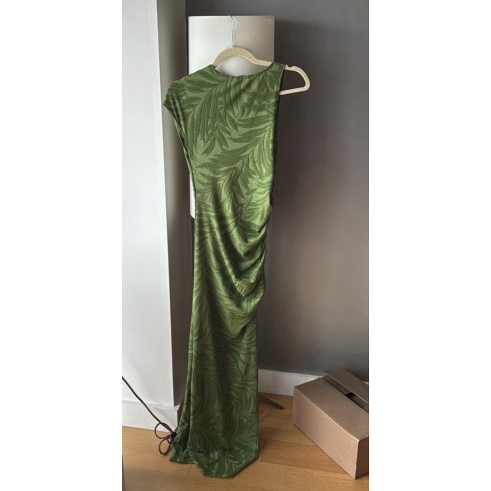 Zara Green Palm Leaves  Long Sleeve Ruched Side Tubular Midi Dress Sz Med - Picture 8 of 13
